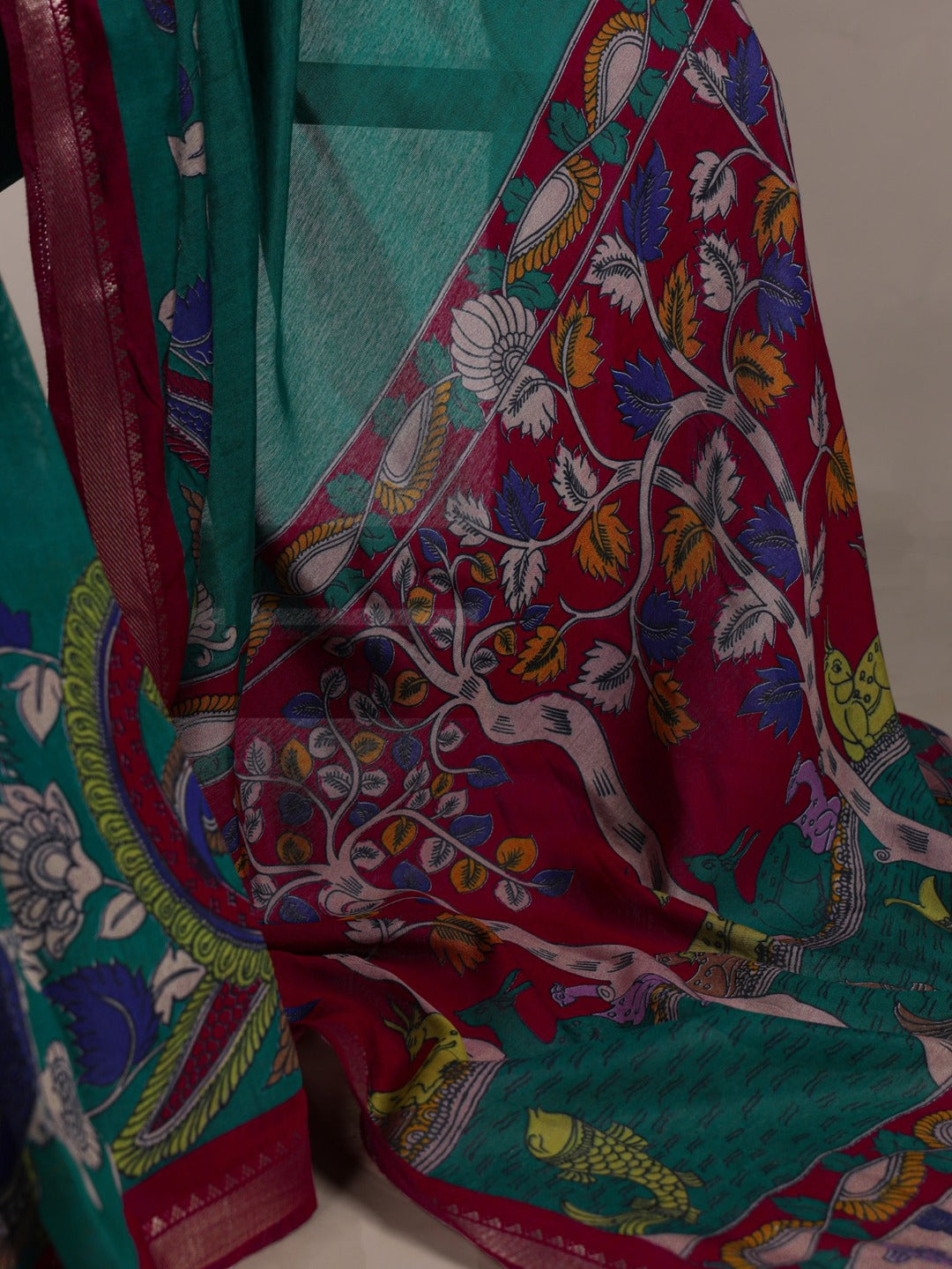 Elegant Mustard & Forest Green Kalamkari Style Printed Saree with Artistic Pallu