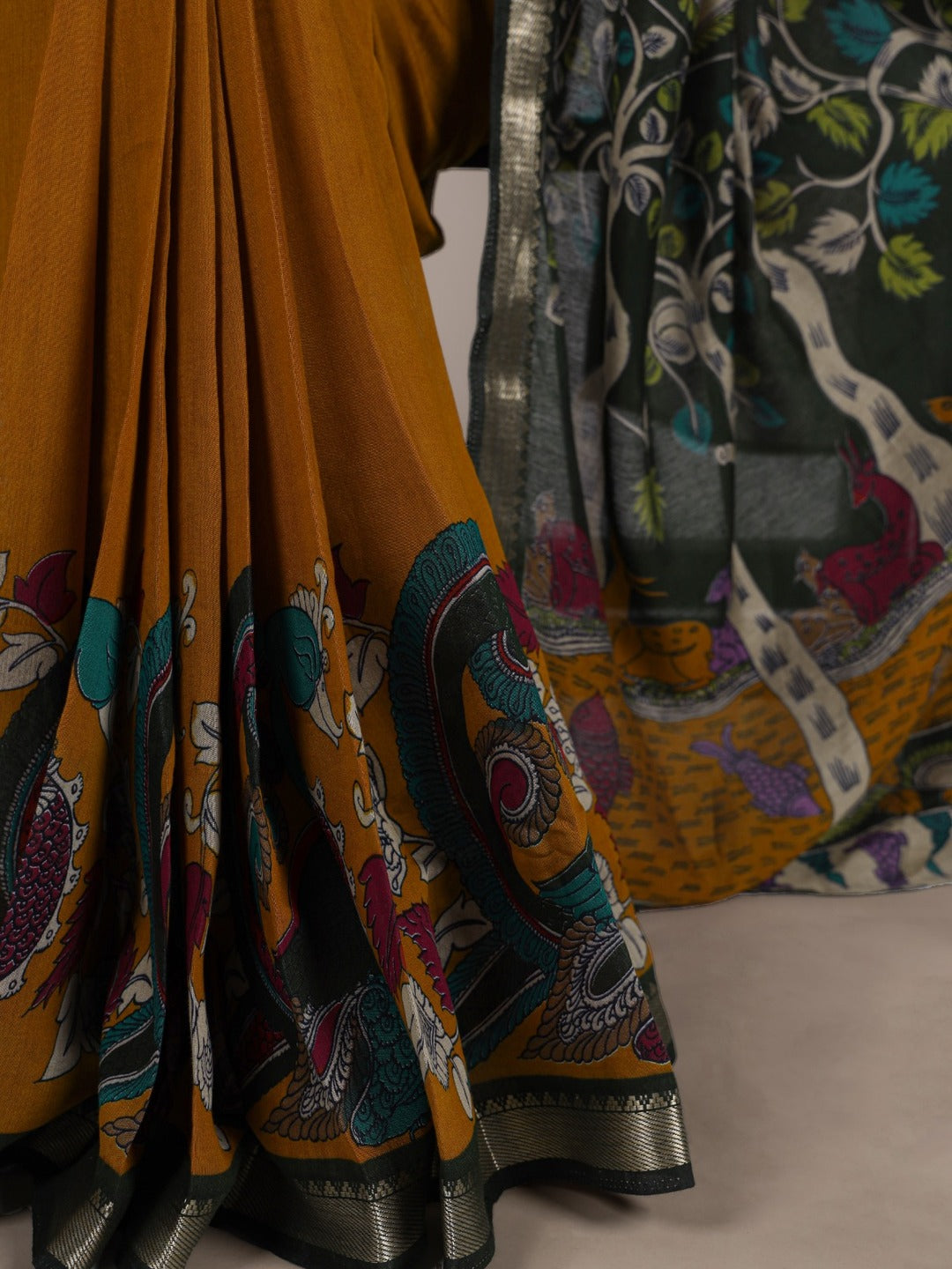 Elegant Mustard & Forest Green Kalamkari Style Printed Saree with Artistic Pallu