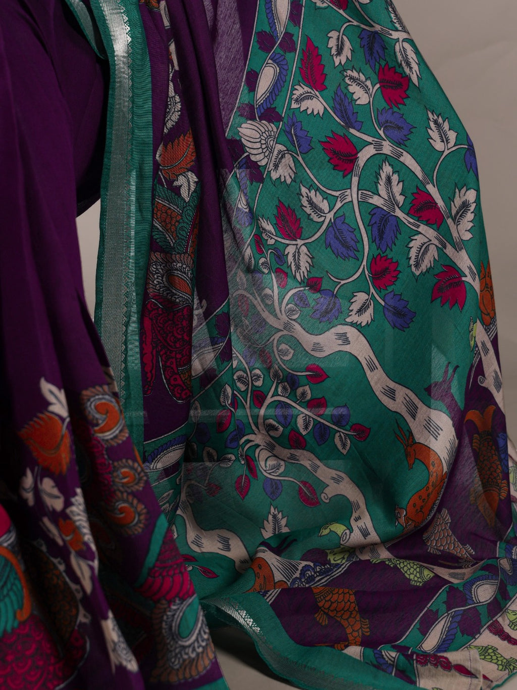 Elegant Mustard & Forest Green Kalamkari Style Printed Saree with Artistic Pallu