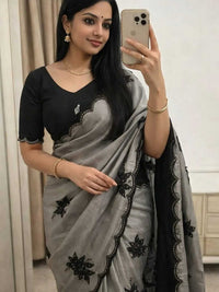 Elegant Beige Designer Saree with Black Embroidery & Scalloped Border