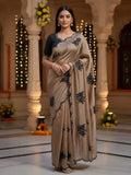 Elegant Beige Designer Saree with Black Embroidery & Scalloped Border