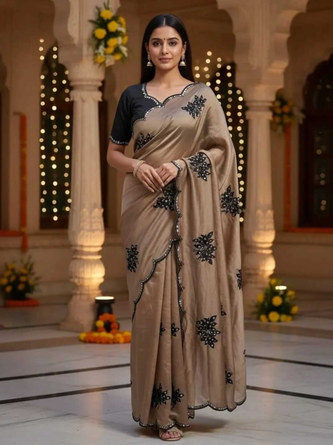 Elegant Beige Designer Saree with Black Embroidery & Scalloped Border
