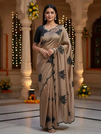 Elegant Beige Designer Saree with Black Embroidery & Scalloped Border