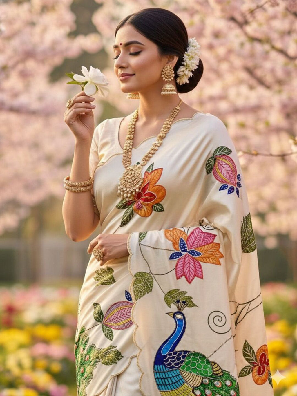 Elegant Ivory Saree with Peacock & Floral Embroidery – Festive Designer Wear