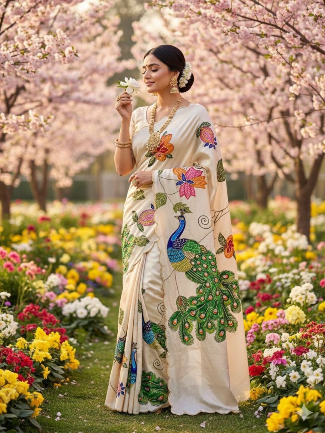 Elegant Ivory Saree with Peacock & Floral Embroidery – Festive Designer Wear