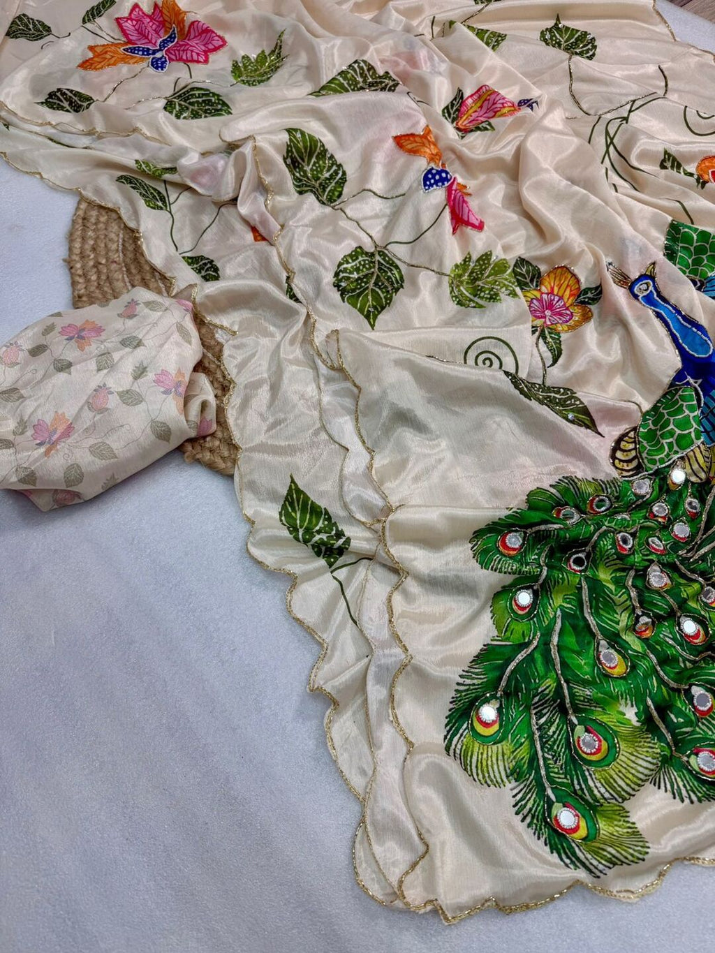 Elegant Ivory Saree with Peacock & Floral Embroidery – Festive Designer Wear