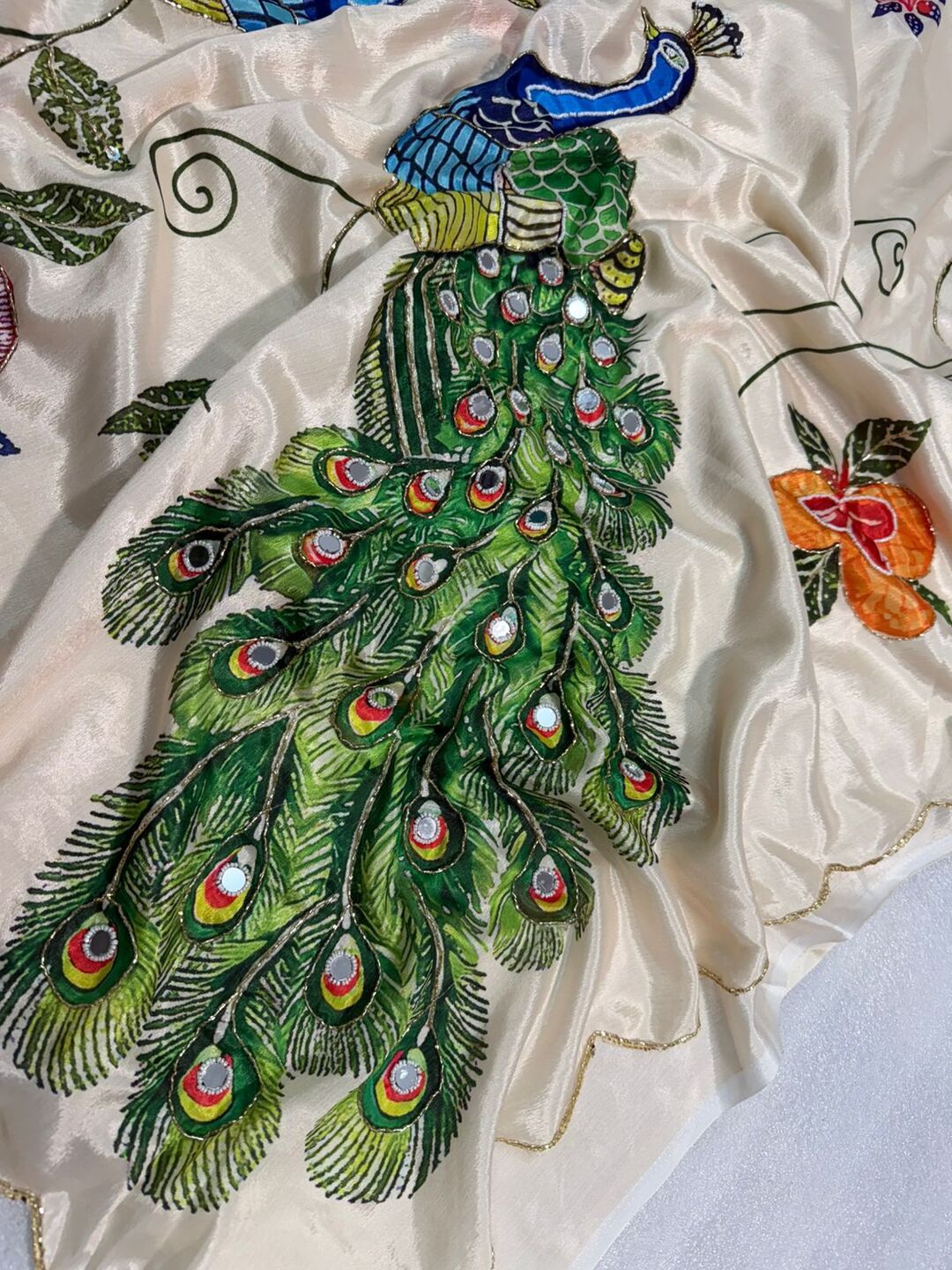 Elegant Ivory Saree with Peacock & Floral Embroidery – Festive Designer Wear