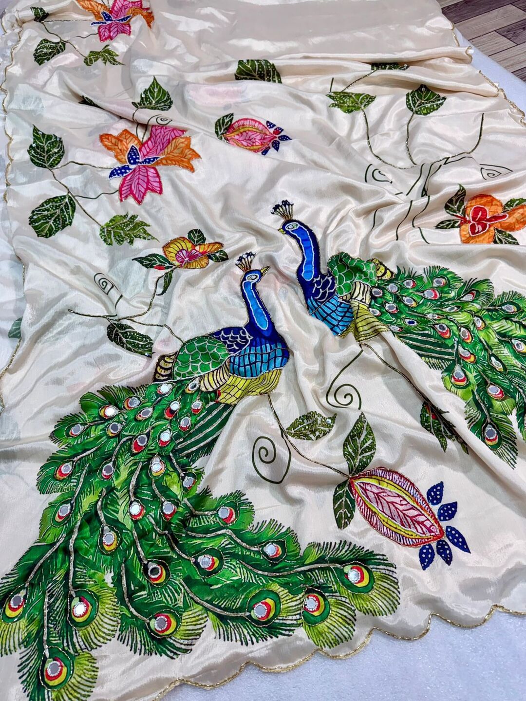 Elegant Ivory Saree with Peacock & Floral Embroidery – Festive Designer Wear