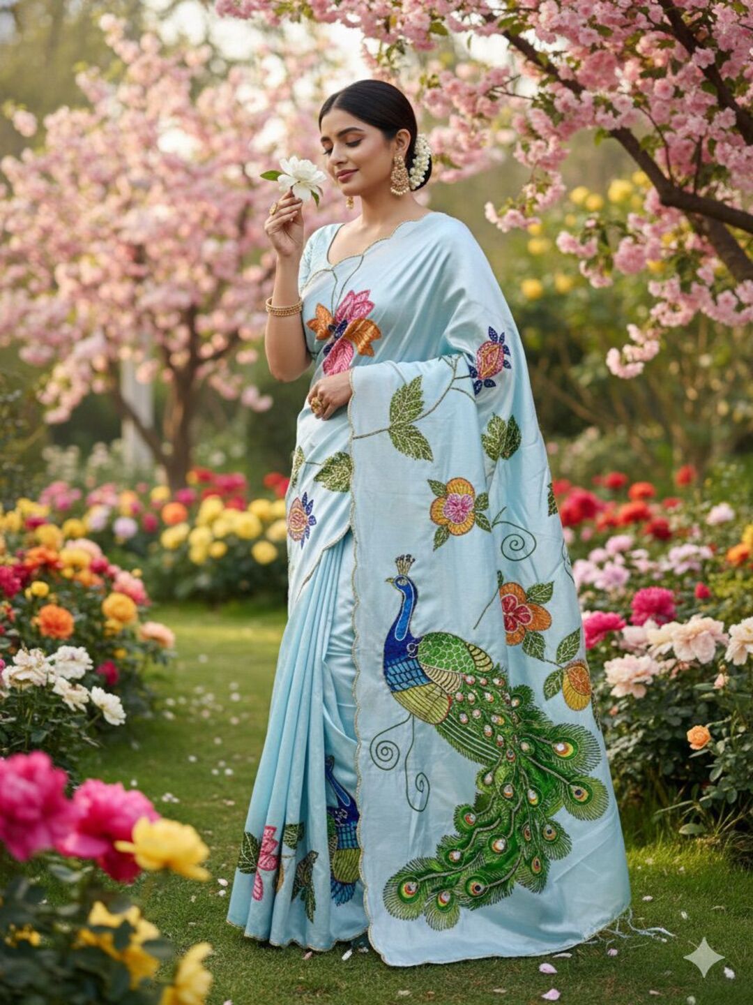 Elegant Ivory Saree with Peacock & Floral Embroidery – Festive Designer Wear