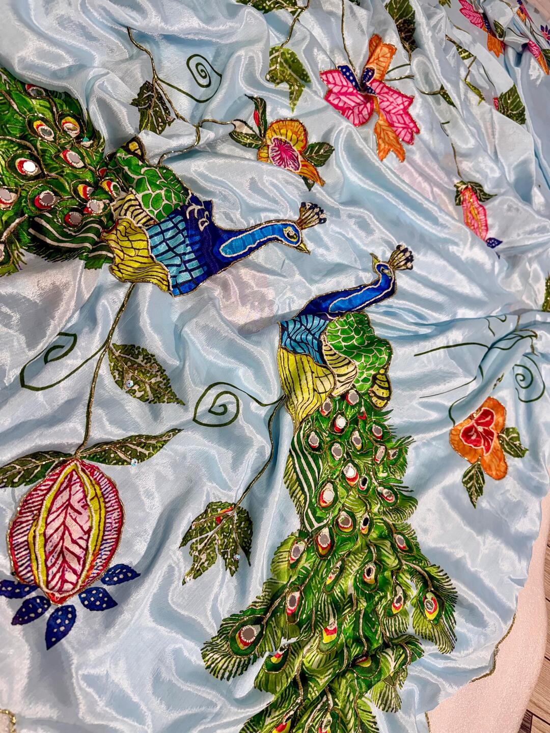 Elegant Ivory Saree with Peacock & Floral Embroidery – Festive Designer Wear