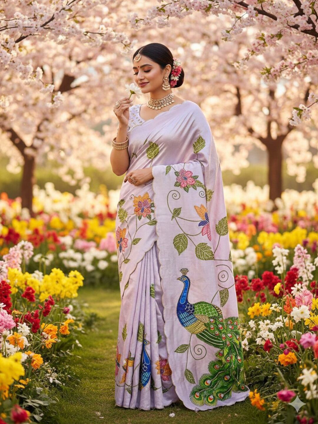 Elegant Ivory Saree with Peacock & Floral Embroidery – Festive Designer Wear