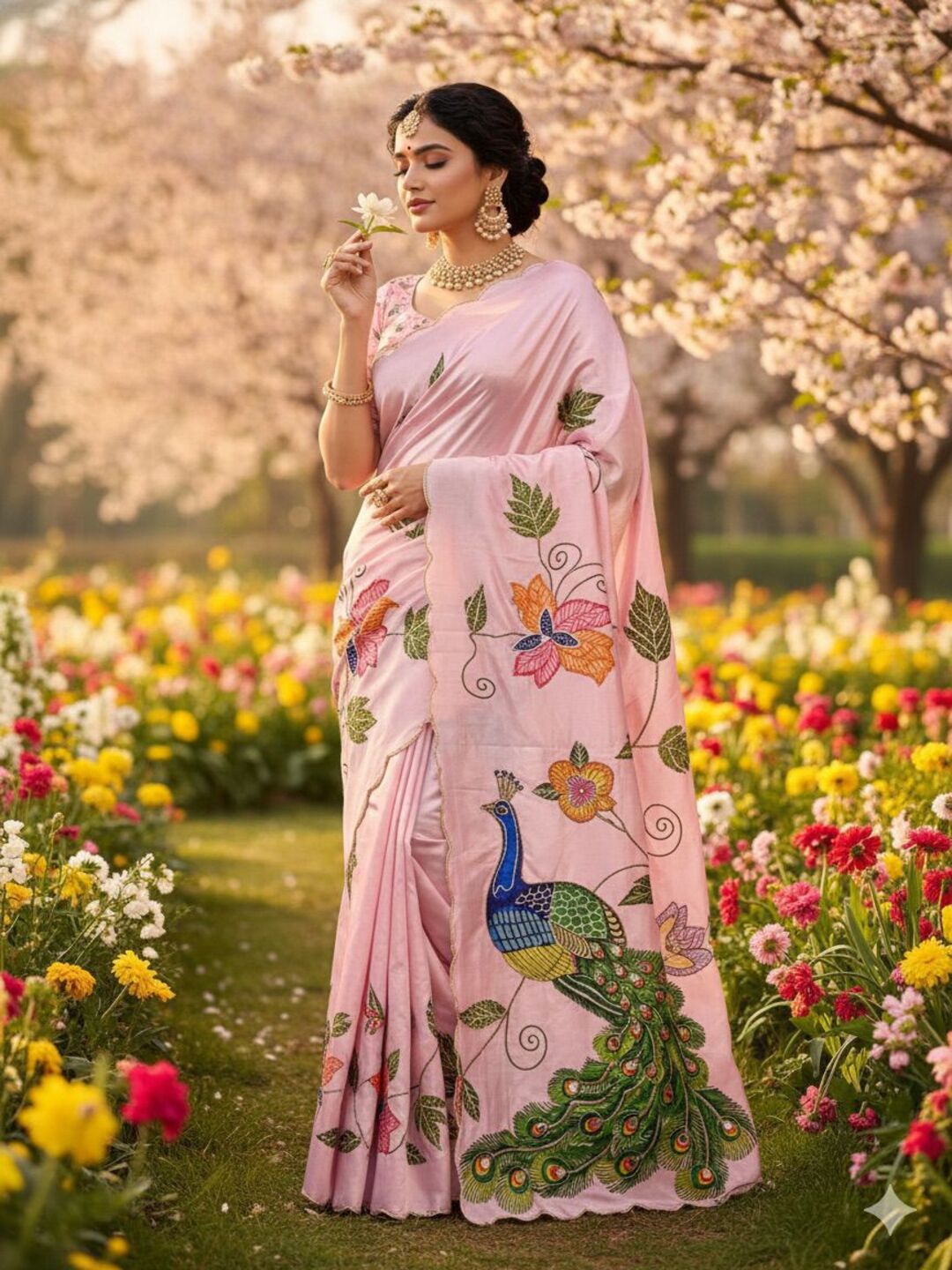 Elegant Ivory Saree with Peacock & Floral Embroidery – Festive Designer Wear