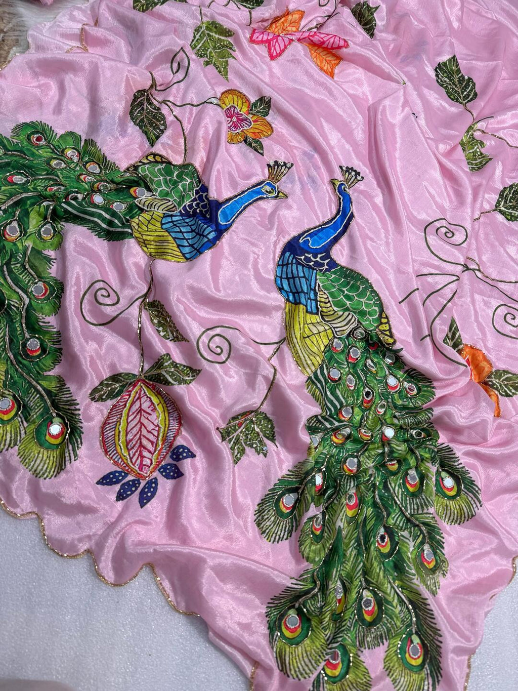 Elegant Ivory Saree with Peacock & Floral Embroidery – Festive Designer Wear
