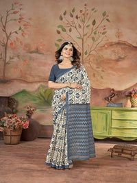 Elegant Pure Cotton Ivory & Grey Printed Saree with Designer Border