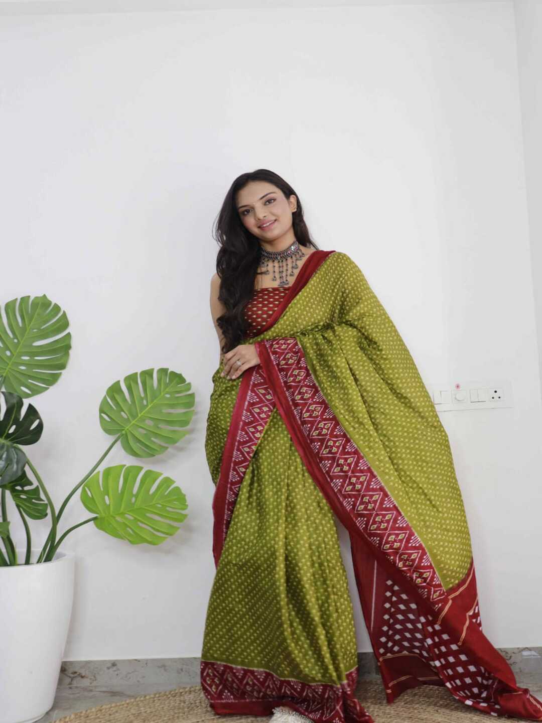 Traditional Pure Cotton Green Saree with Maroon Border & Ethnic Print