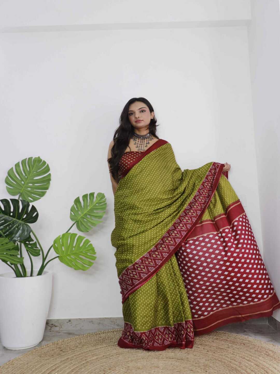 Traditional Pure Cotton Green Saree with Maroon Border & Ethnic Print