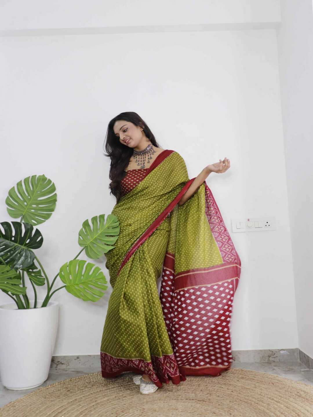 Traditional Pure Cotton Green Saree with Maroon Border & Ethnic Print