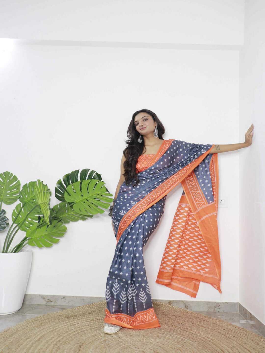 Elegant Pure Cotton Grey Saree with Orange Border & Ethnic Print
