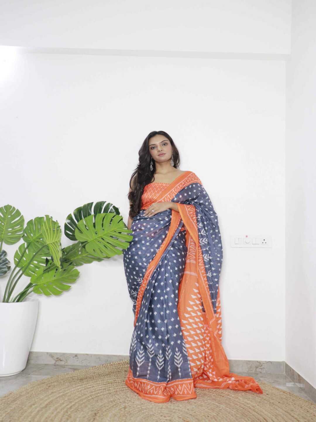 Elegant Pure Cotton Grey Saree with Orange Border & Ethnic Print