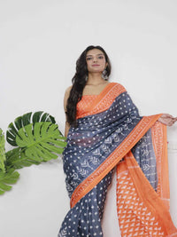 Elegant Pure Cotton Grey Saree with Orange Border & Ethnic Print