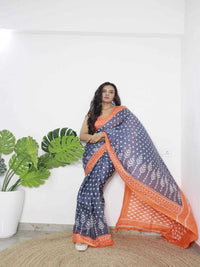 Elegant Pure Cotton Grey Saree with Orange Border & Ethnic Print