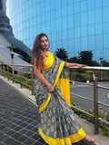 Stylish Pure Cotton Grey Saree with Yellow Border & Floral Print