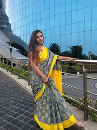 Stylish Pure Cotton Grey Saree with Yellow Border & Floral Print