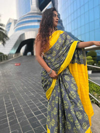 Stylish Pure Cotton Grey Saree with Yellow Border & Floral Print