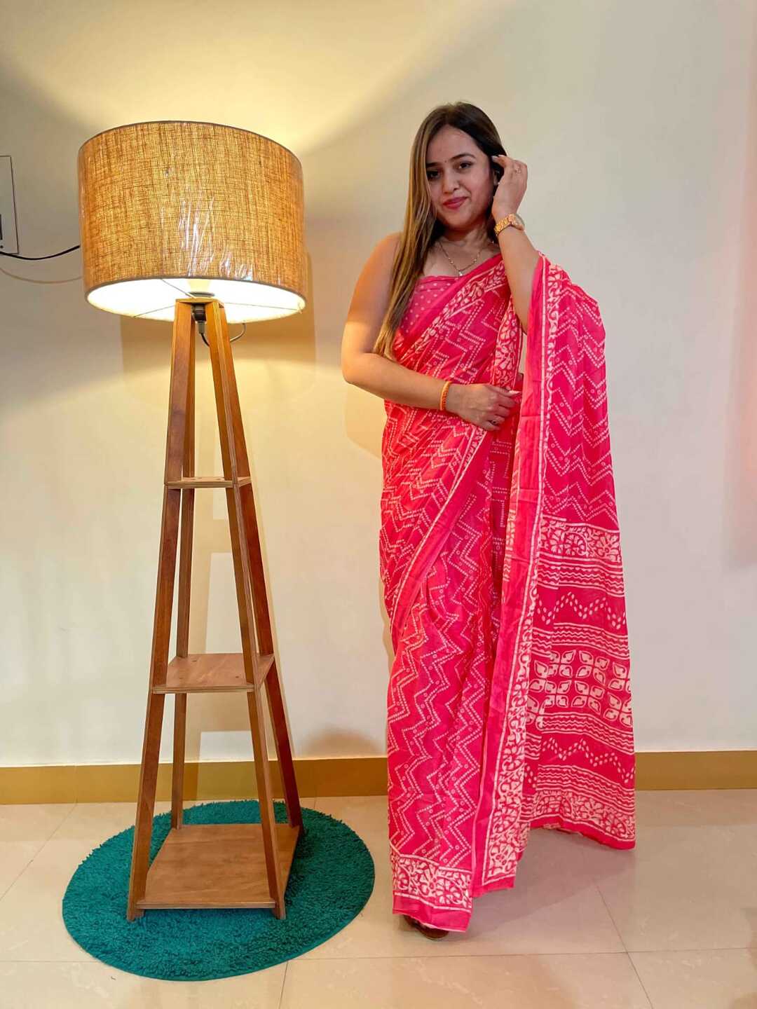Graceful Pure Cotton Pink Printed Saree with White Ethnic Patterns