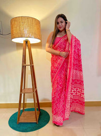 Graceful Pure Cotton Pink Printed Saree with White Ethnic Patterns