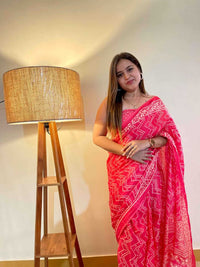 Graceful Pure Cotton Pink Printed Saree with White Ethnic Patterns