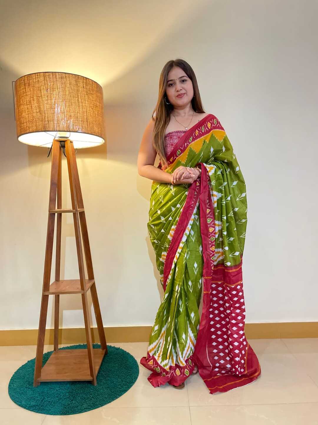 Elegant Pure Cotton Green & Magenta Printed Saree with Contrast Border