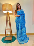 Elegant Pure Cotton Blue Printed Saree with White Ethnic Design