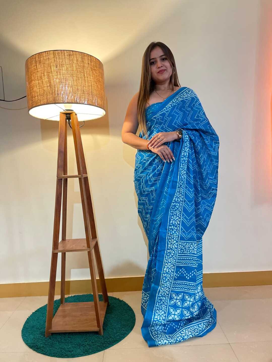 Elegant Pure Cotton Blue Printed Saree with White Ethnic Design