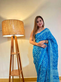Elegant Pure Cotton Blue Printed Saree with White Ethnic Design