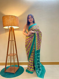 Stylish Pure Cotton Green & Purple Printed Saree with Contrast Pallu