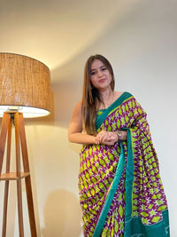 Stylish Pure Cotton Green & Purple Printed Saree with Contrast Pallu