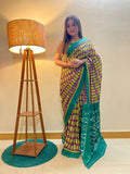 Stylish Pure Cotton Green & Purple Printed Saree with Contrast Pallu