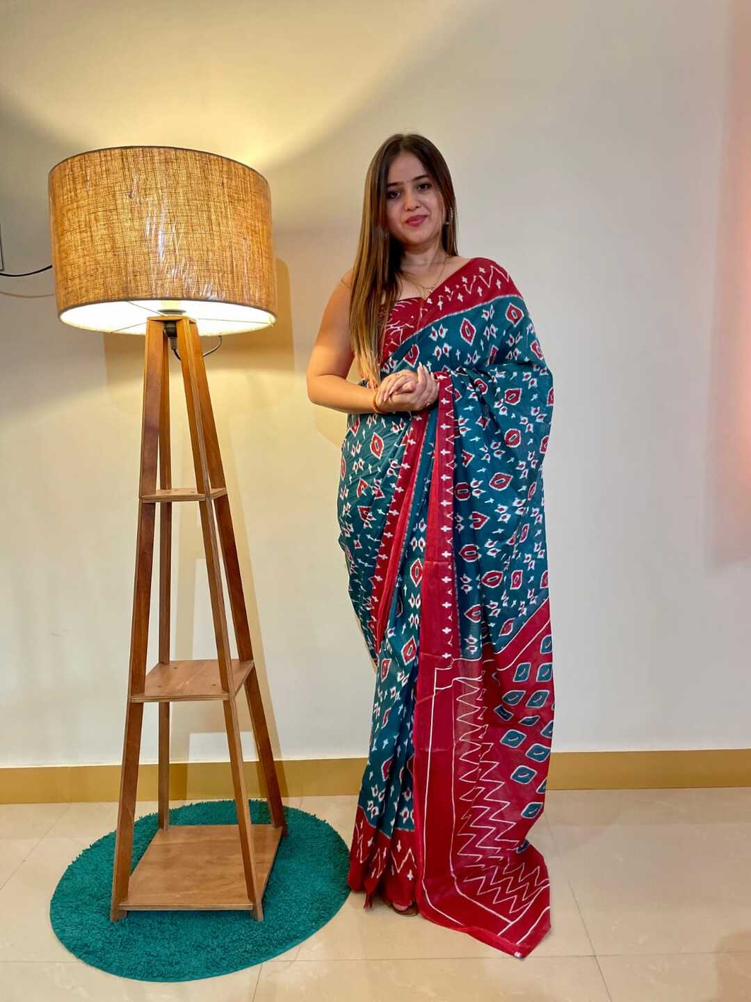 Stylish Pure Cotton Blue Printed Saree with Contrast Border