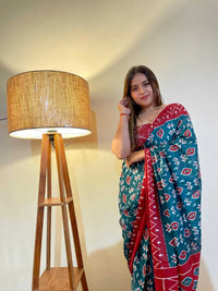 Stylish Pure Cotton Blue Printed Saree with Contrast Border