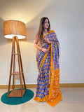 Trendy Pure Cotton Blue & Mustard Printed Saree with Contrast Pallu