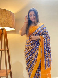 Trendy Pure Cotton Blue & Mustard Printed Saree with Contrast Pallu