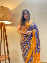 Trendy Pure Cotton Blue & Mustard Printed Saree with Contrast Pallu
