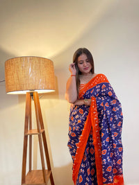 Pure Cotton Navy Blue & Orange Printed Saree with Contrast Border
