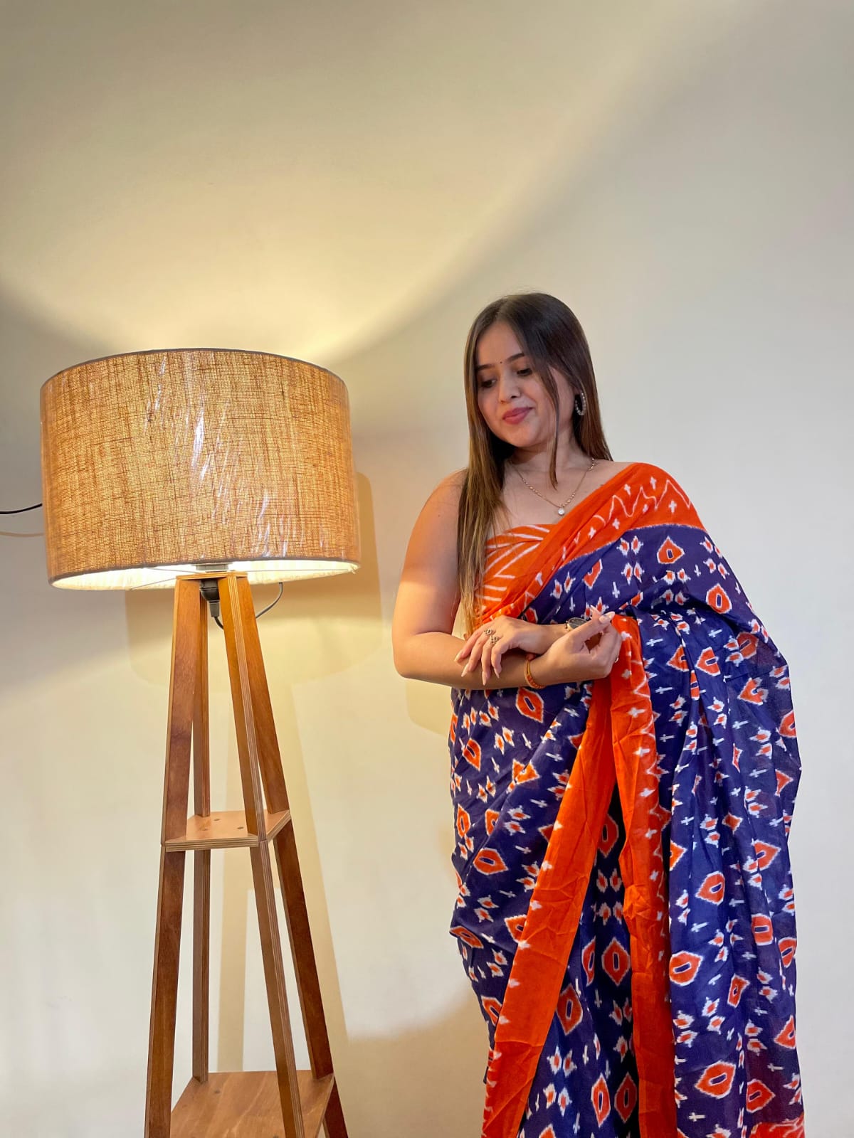 Pure Cotton Navy Blue & Orange Printed Saree with Contrast Border