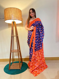 Pure Cotton Navy Blue & Orange Printed Saree with Contrast Border