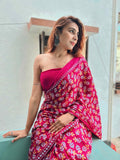 Pure Cotton Rani Pink Floral Printed Saree with Elegant Border