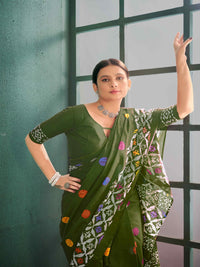 Pure Cotton Bottle Green Artistic Printed Saree with Contrast Pallu