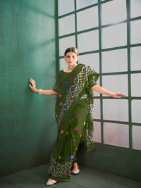 Pure Cotton Bottle Green Artistic Printed Saree with Contrast Pallu