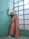Pure Cotton Peach Saree with Green Border & Ethnic Prints